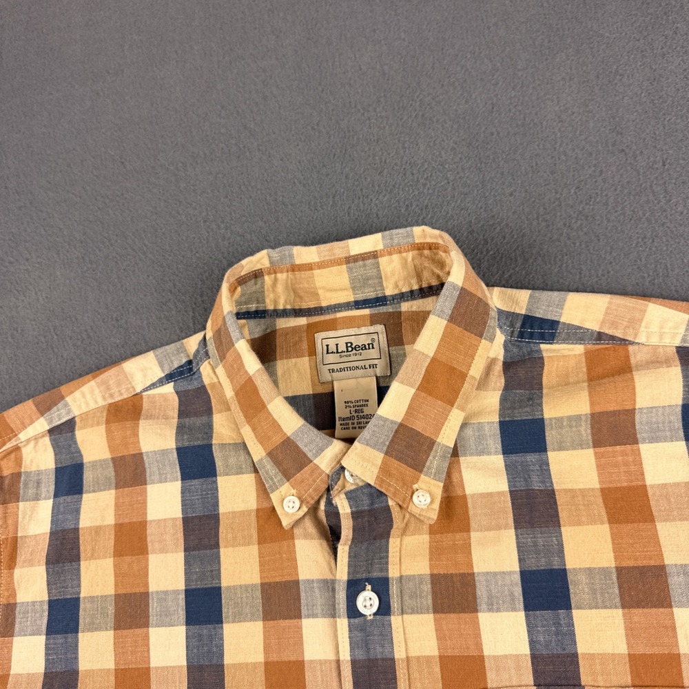 LL Bean Shirt Men's L Brown Stretch Chambray Plaid Traditional Fit Button Down